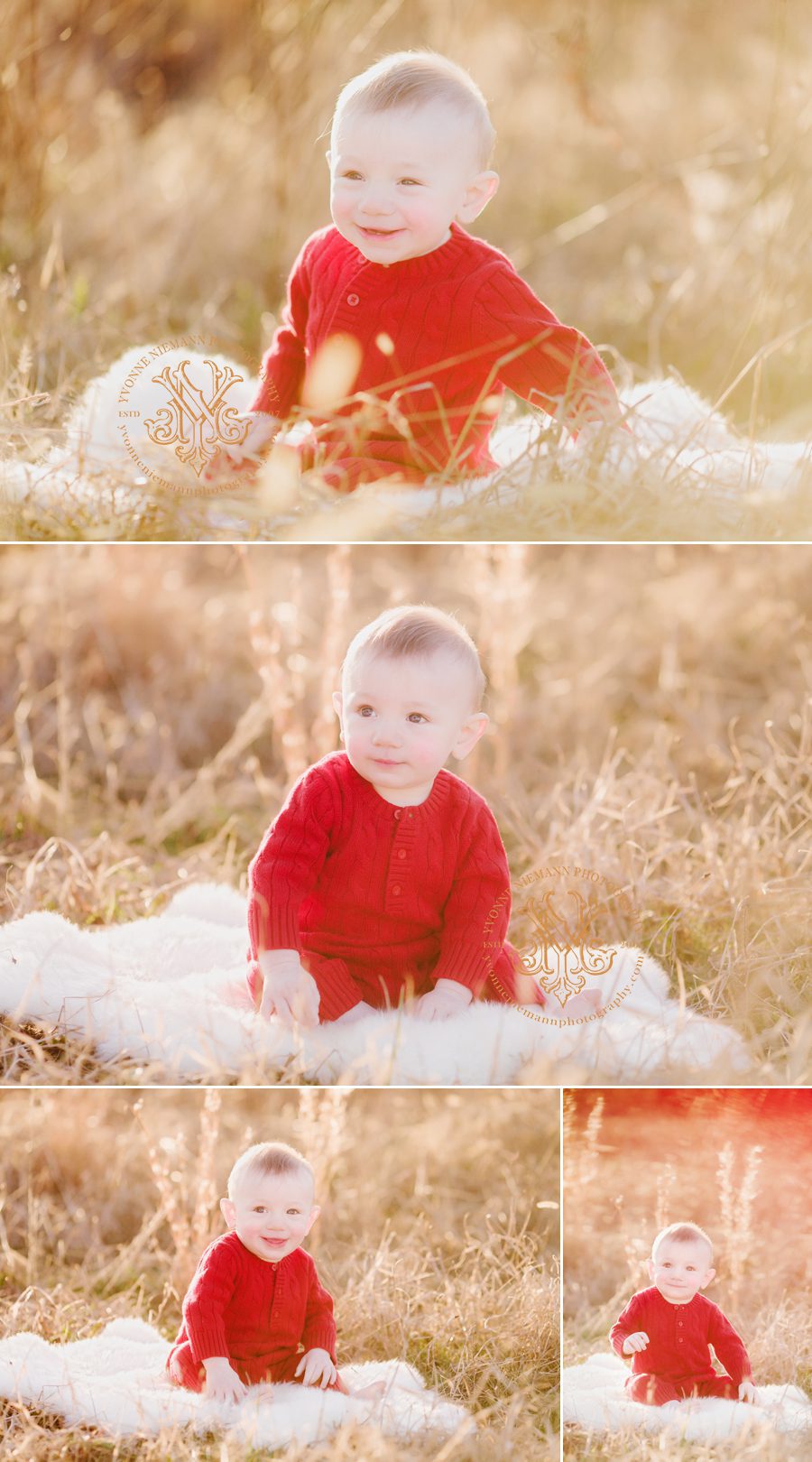 Winter Watkinsville baby photography of a 9 mos old baby boy in red sweater romper.