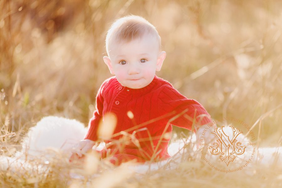 Precious portrait of a nine month old baby boy in a Watkinsville, GA field in the Winter.