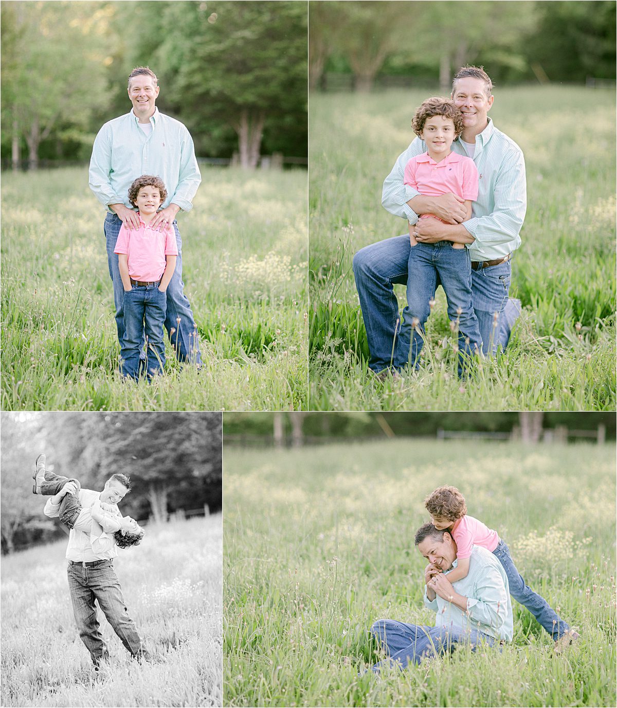 Athens, GA spring family pictures in a field with wildflowers of father and son.