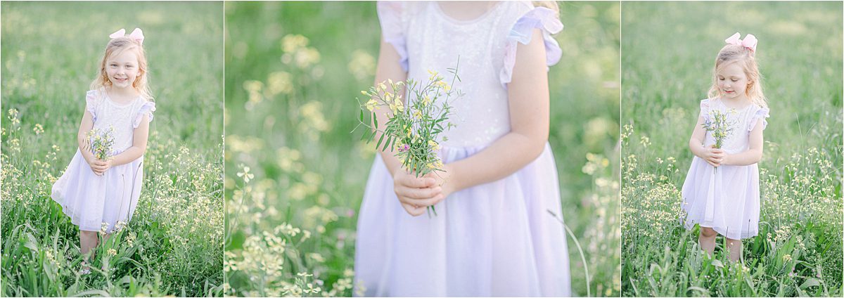 Athens, GA spring pictures of a little girl holding yellow flowers in a field.
