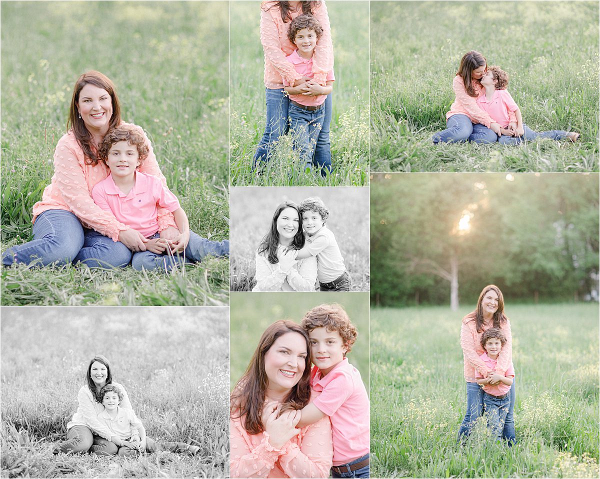 Athens, GA spring family pictures of a mom with her son in a field with wildflowers.