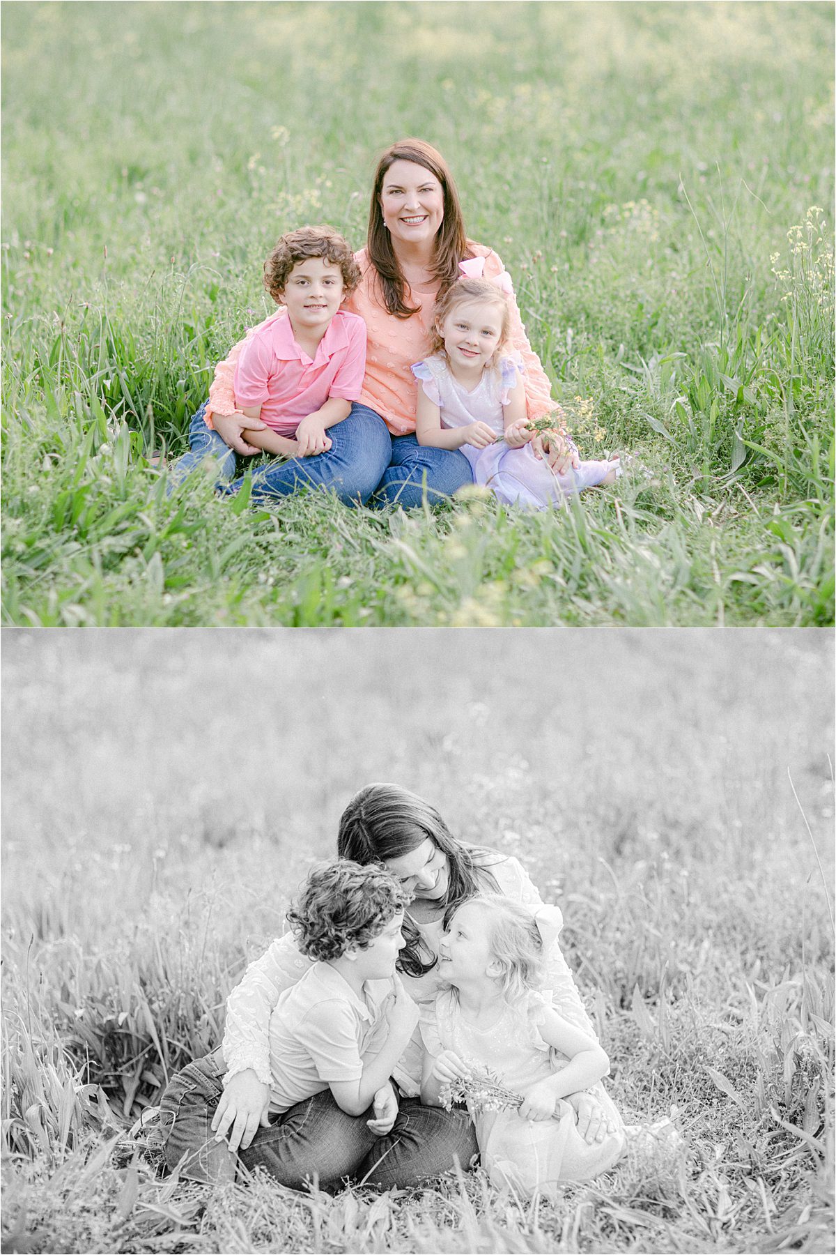 Athens, GA spring family pictures of a mom with her children in a field with wildflowers.