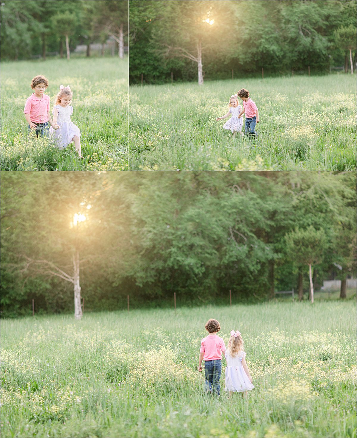 Athens, GA spring family pictures of a sibling walking in a field with wildflowers.