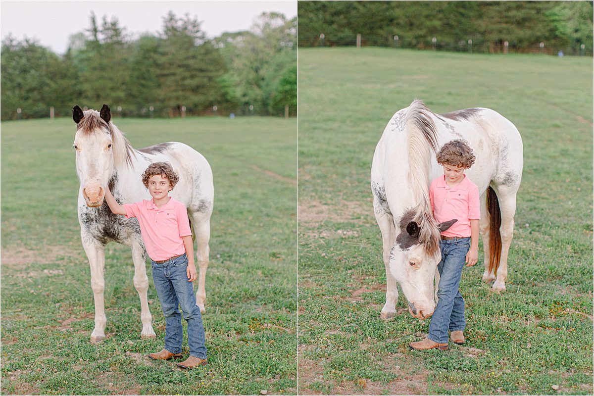 Athens, GA spring family pictures of a little boy with his favorite horse.