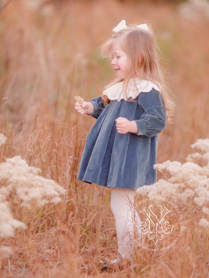 Photo of 3 year old girl wearing an heirloom dress in a fall field of white flowers in Oconee County, GA.