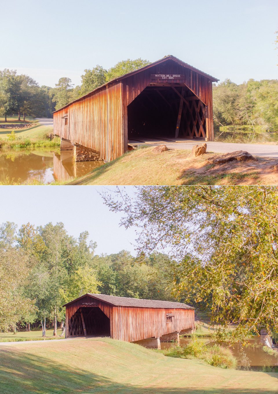 Landscape photos of Watson Mill covered bridge in Georgia.