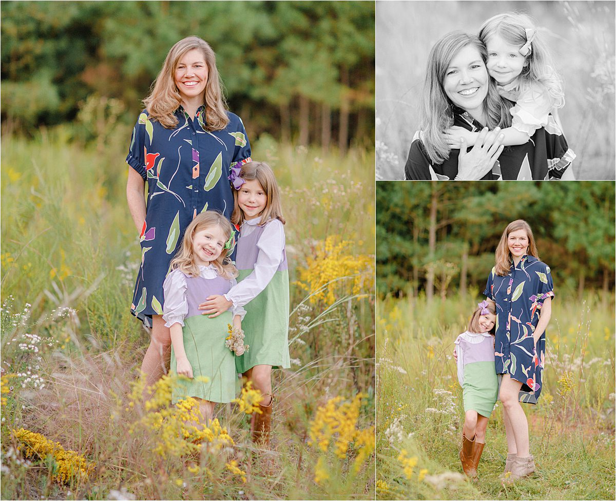 Fall beautiful family photography of a mom with her girls in a field of yellow flowers near Athens, GA.