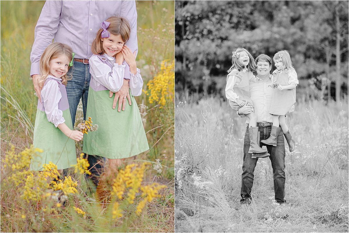 Fall beautiful family photography in Oconee County, GA of a dad with his girls in a field of yellow flowers.
