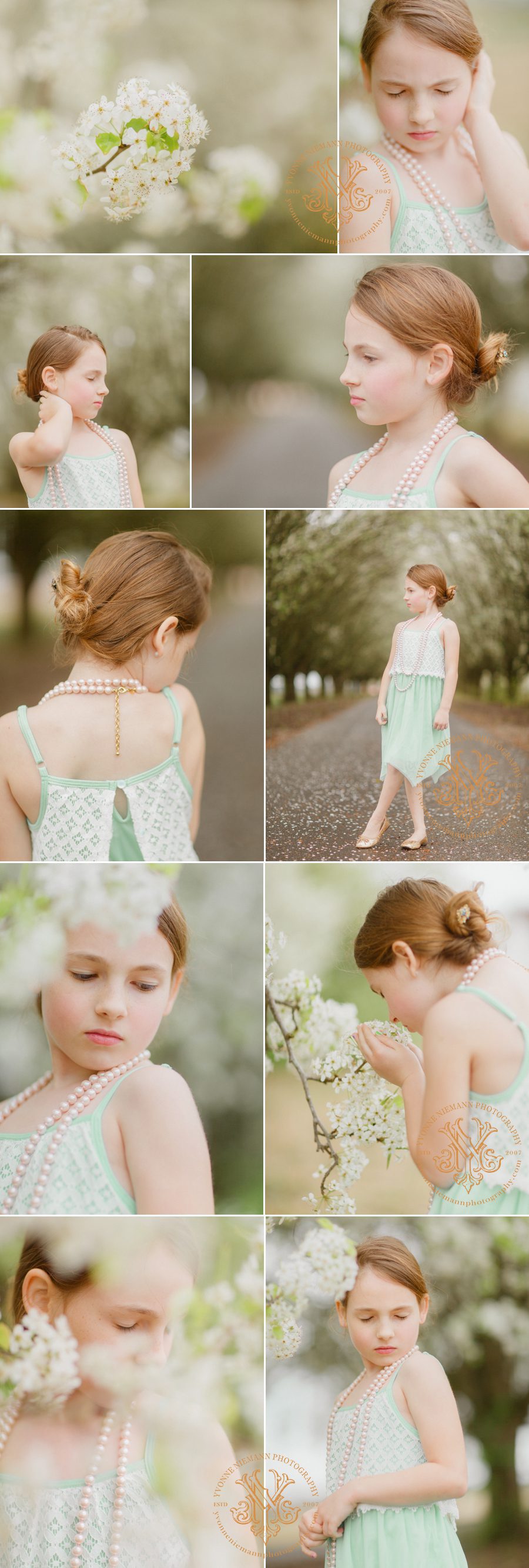 Beautiful Spring portraits of a 2nd grader among pear trees in Bishop, GA taken by Yvonne Niemann Photography.