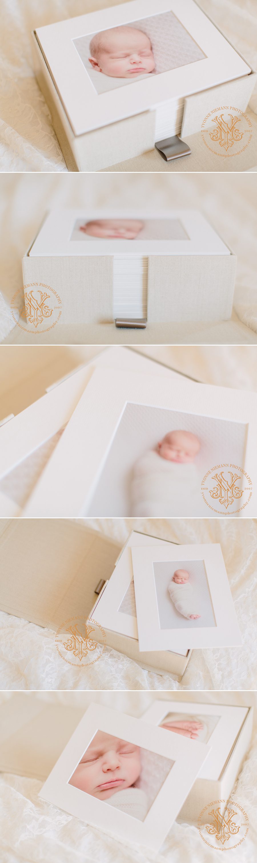Matted newborn portraits in Cypress Albums presentation box.