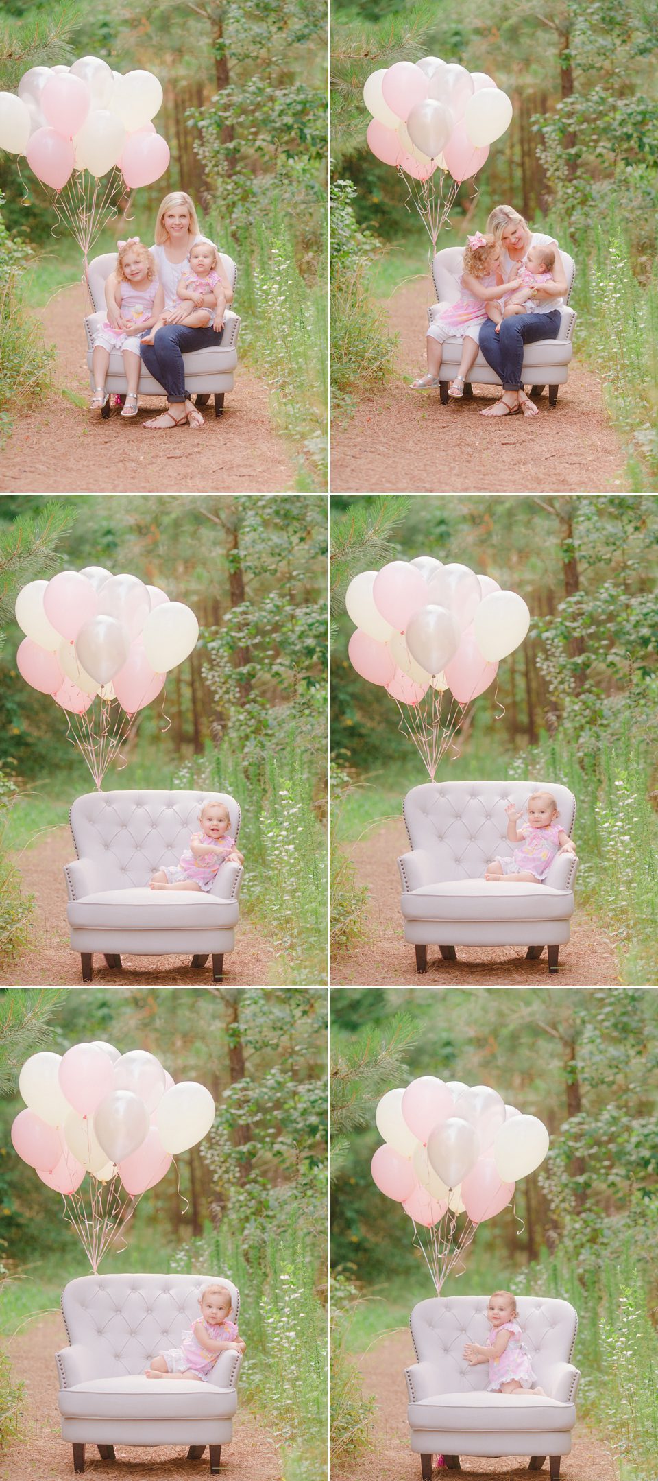 Baby's first birthday portraits on a chair with balloons in Oconee County, GA.