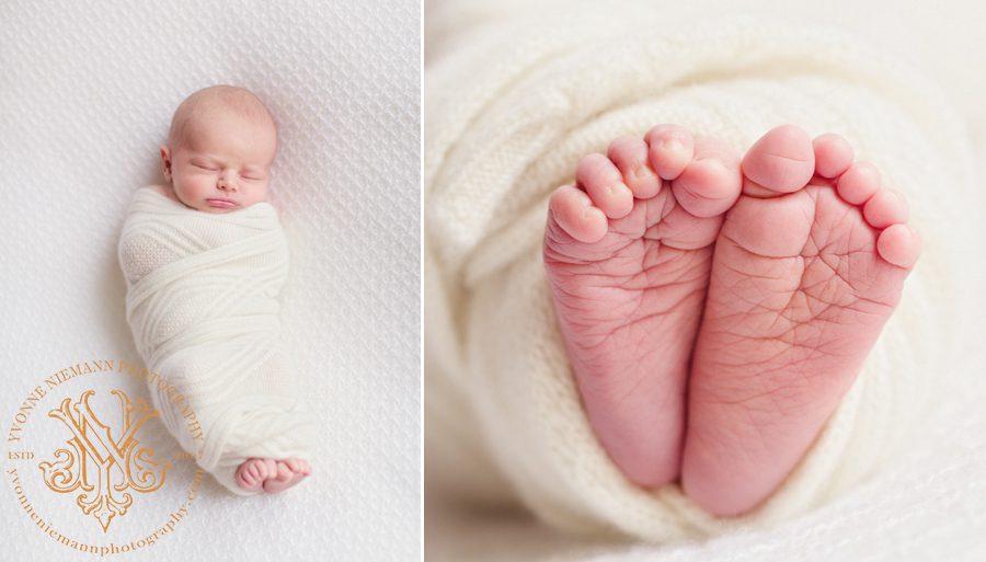 Swaddled sleeping baby and newborn feet