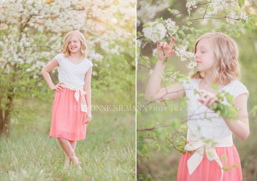 Pretty Spring tween photos of girl by a pear tree in Bishop, GA.