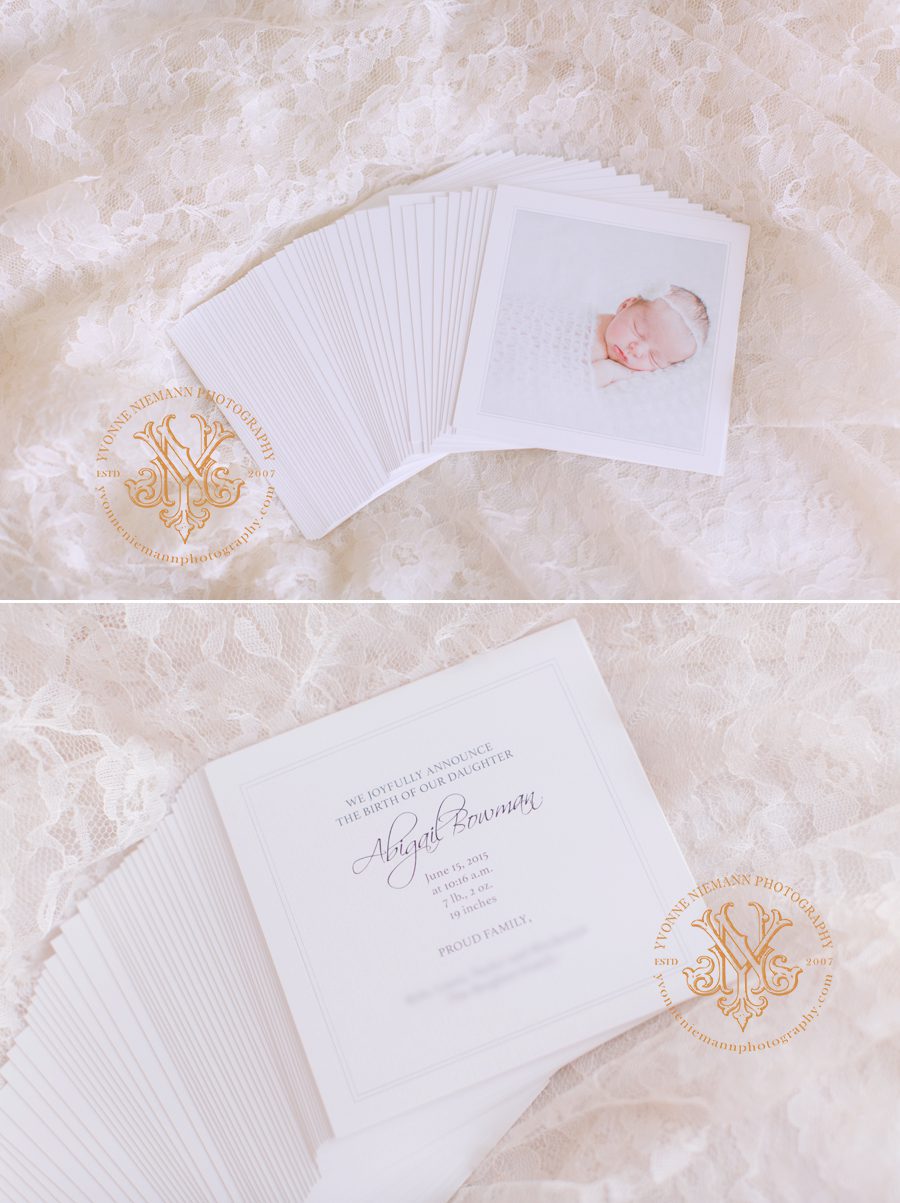 Elegant birth announcements offered by Yvonne Niemann Photography.