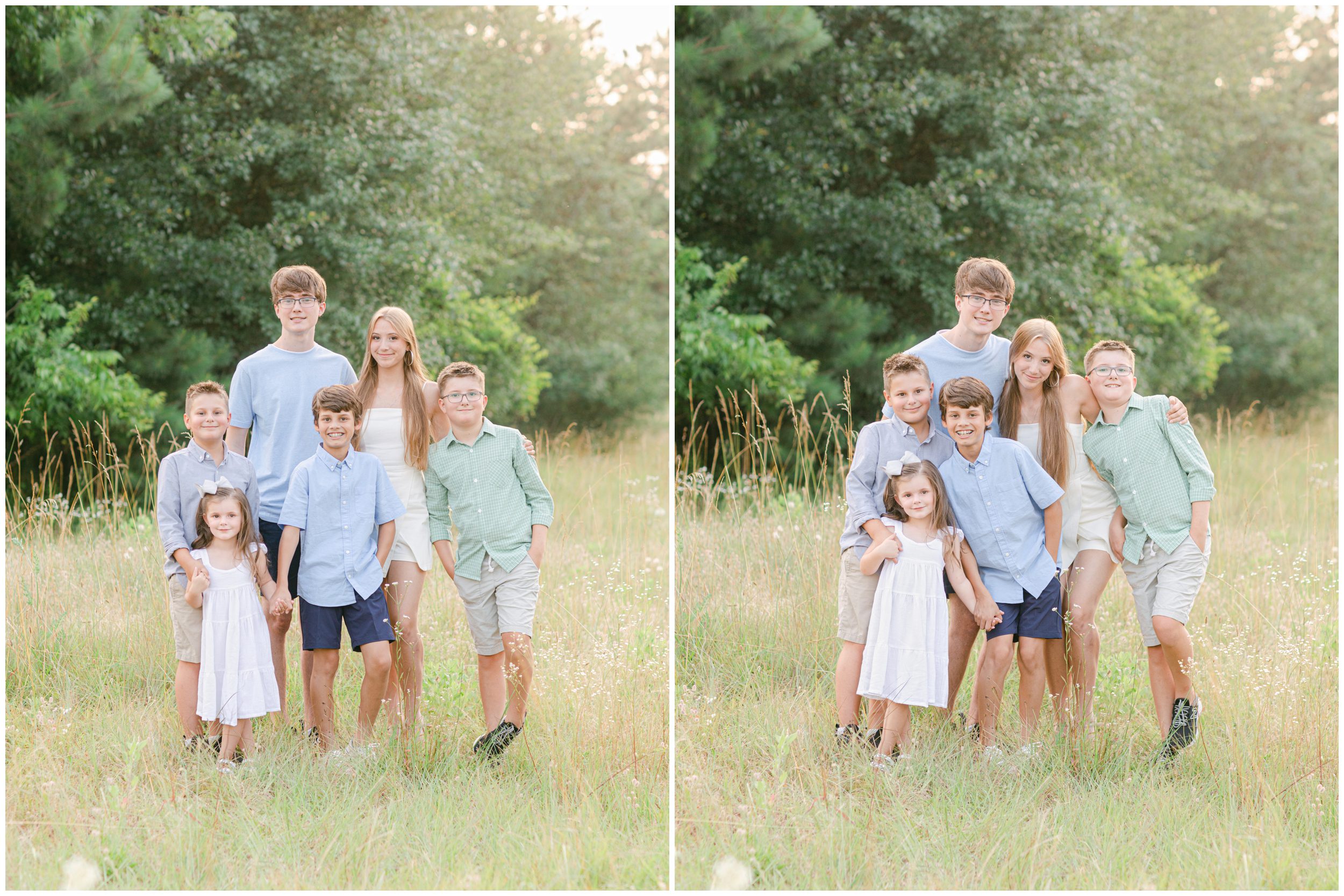 Extended family photographer photos of cousins in field in Oconee County, Georgia.