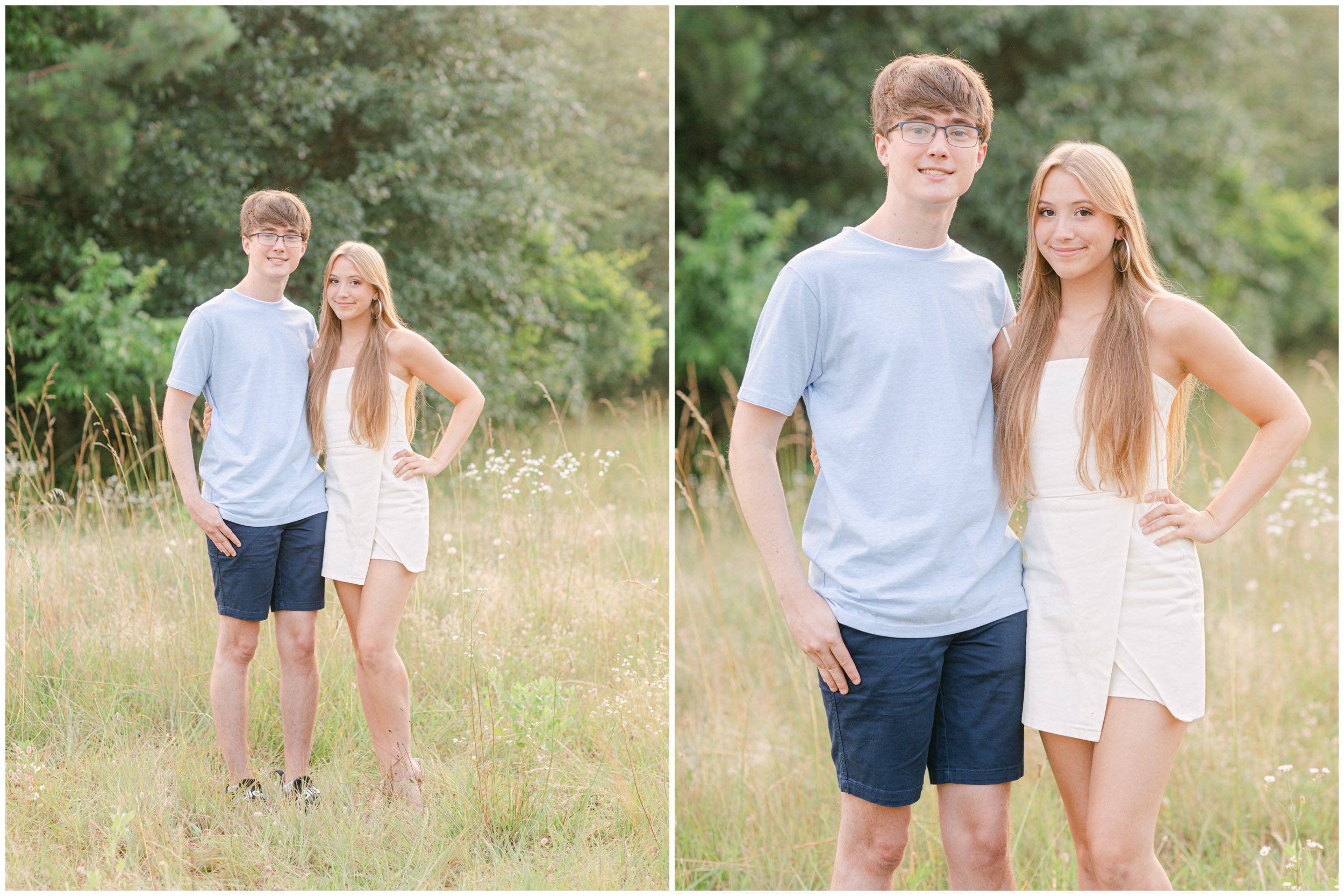 Extended family photographer portraits of older siblings in field in Oconee County, Georgia