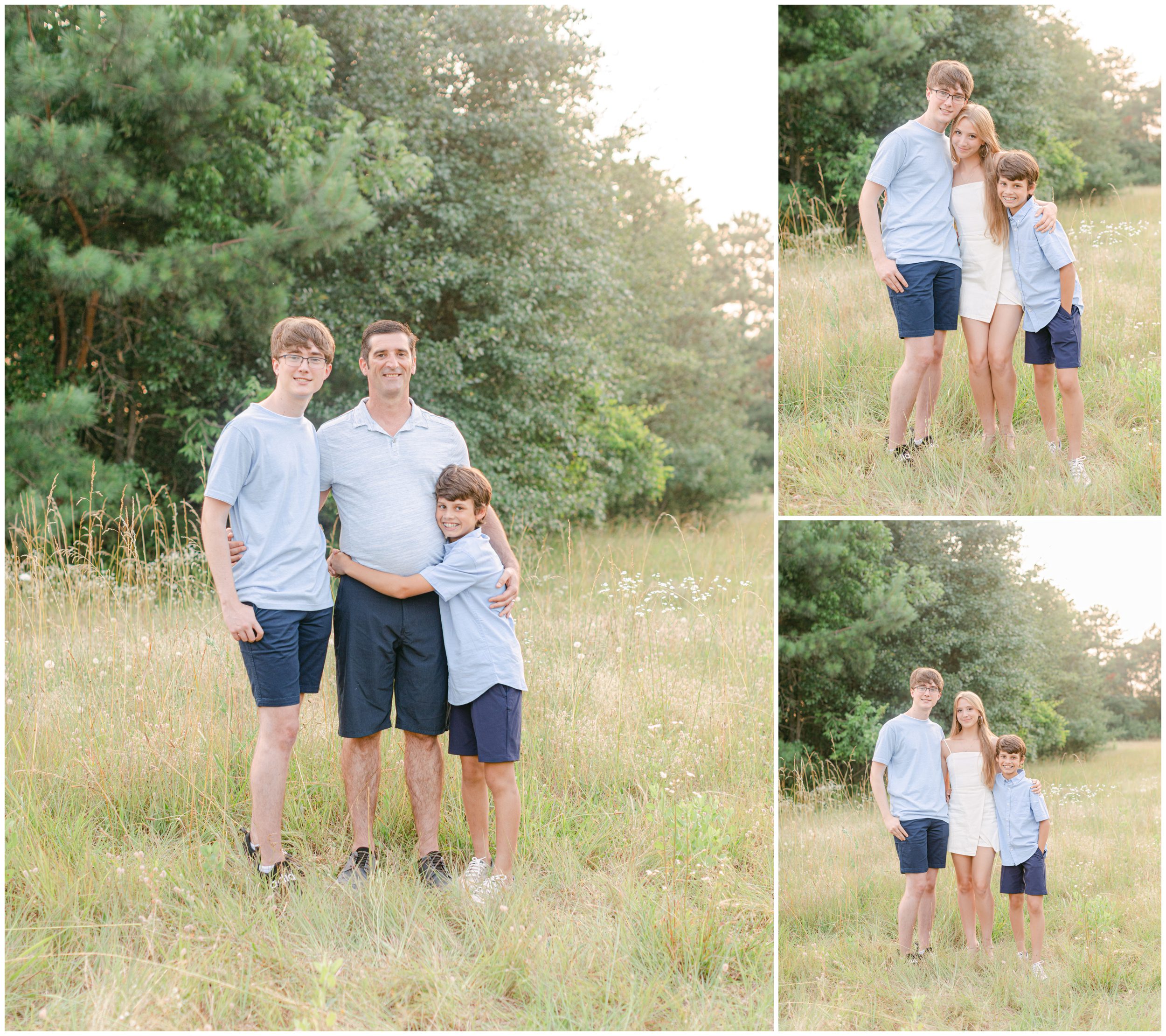 Extended family photographer photos of siblings and dad in a field near Athens, GA