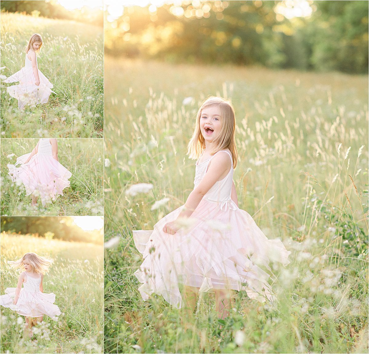 Little girl pictures of dancing in wildflower field near Athens, GA