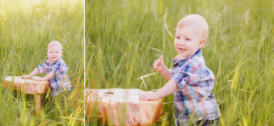 Country portraits of little boy's first birthday in a field in Bishop, GA.
