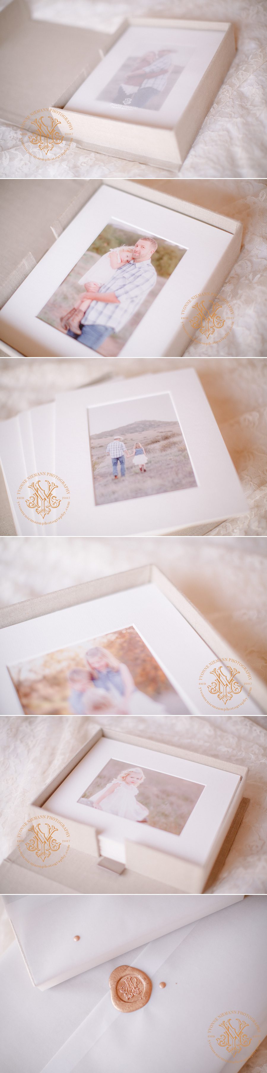 Product shots of family photographic heirloom box with matted prints.