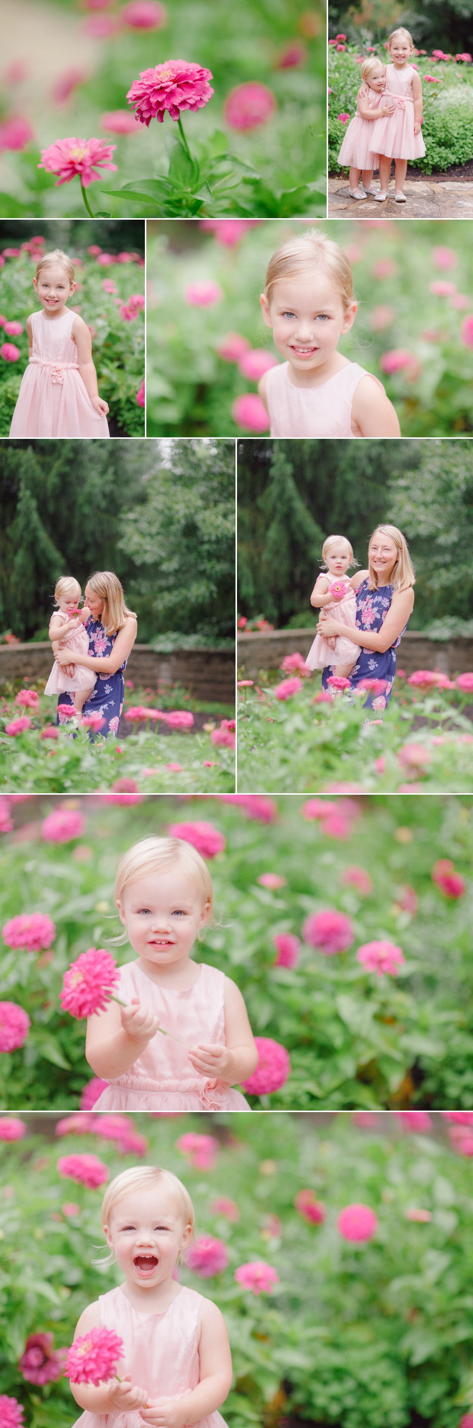 Athens, Ga children photos of sisters in a garden of pink flowers.