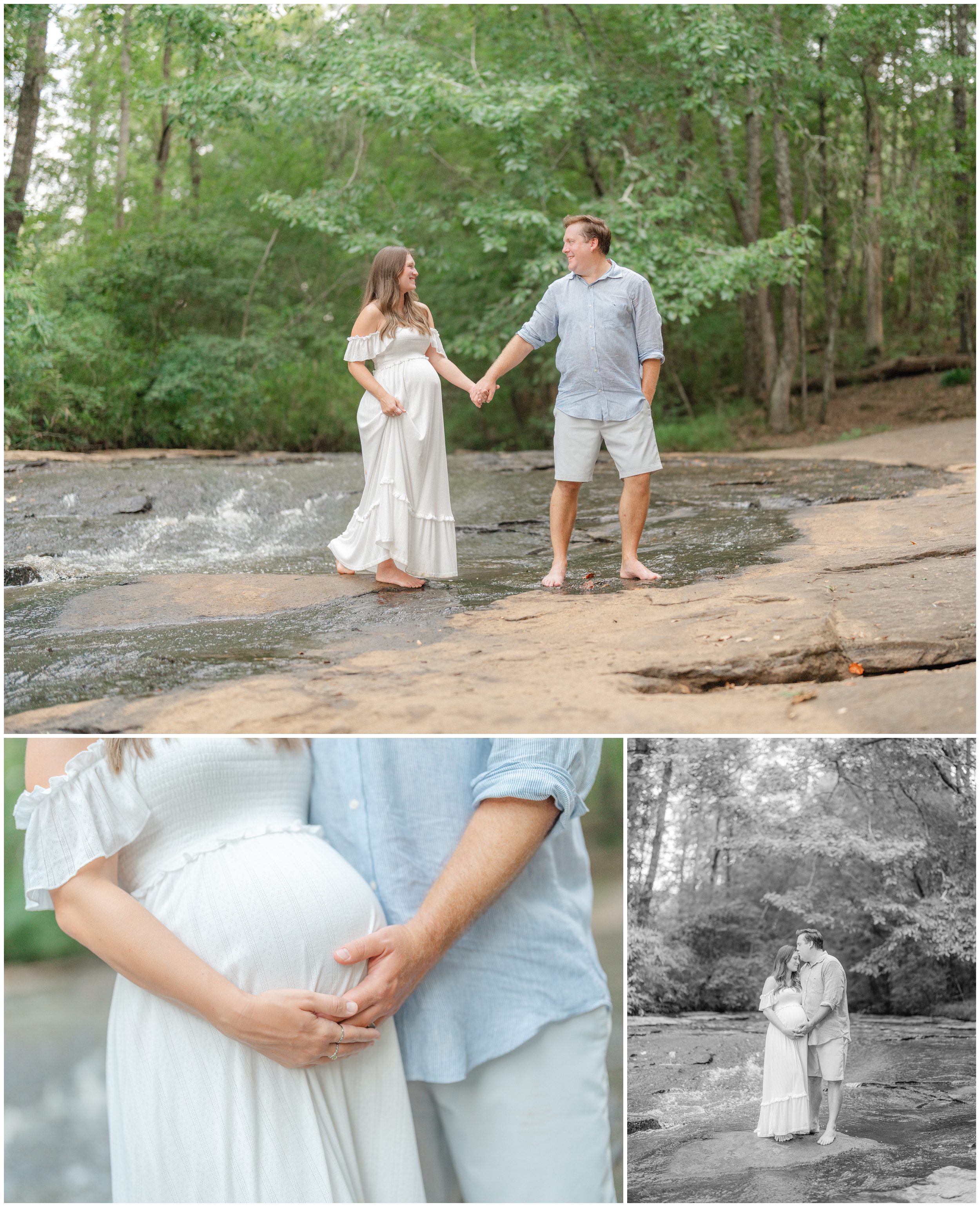 maternity photos of a couple on the shoals in Watkinsville