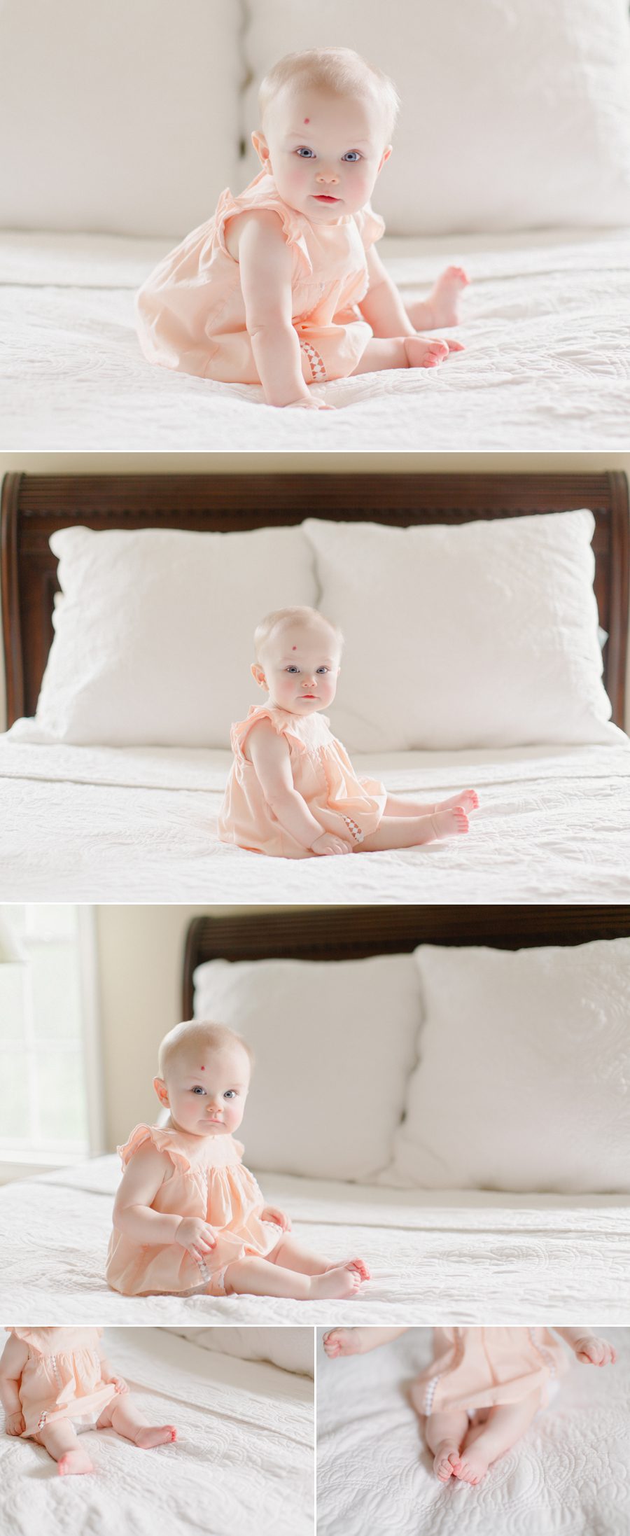 Natural baby photos of a little girl in a peach dress on a bed with white linens in Bishop, GA.