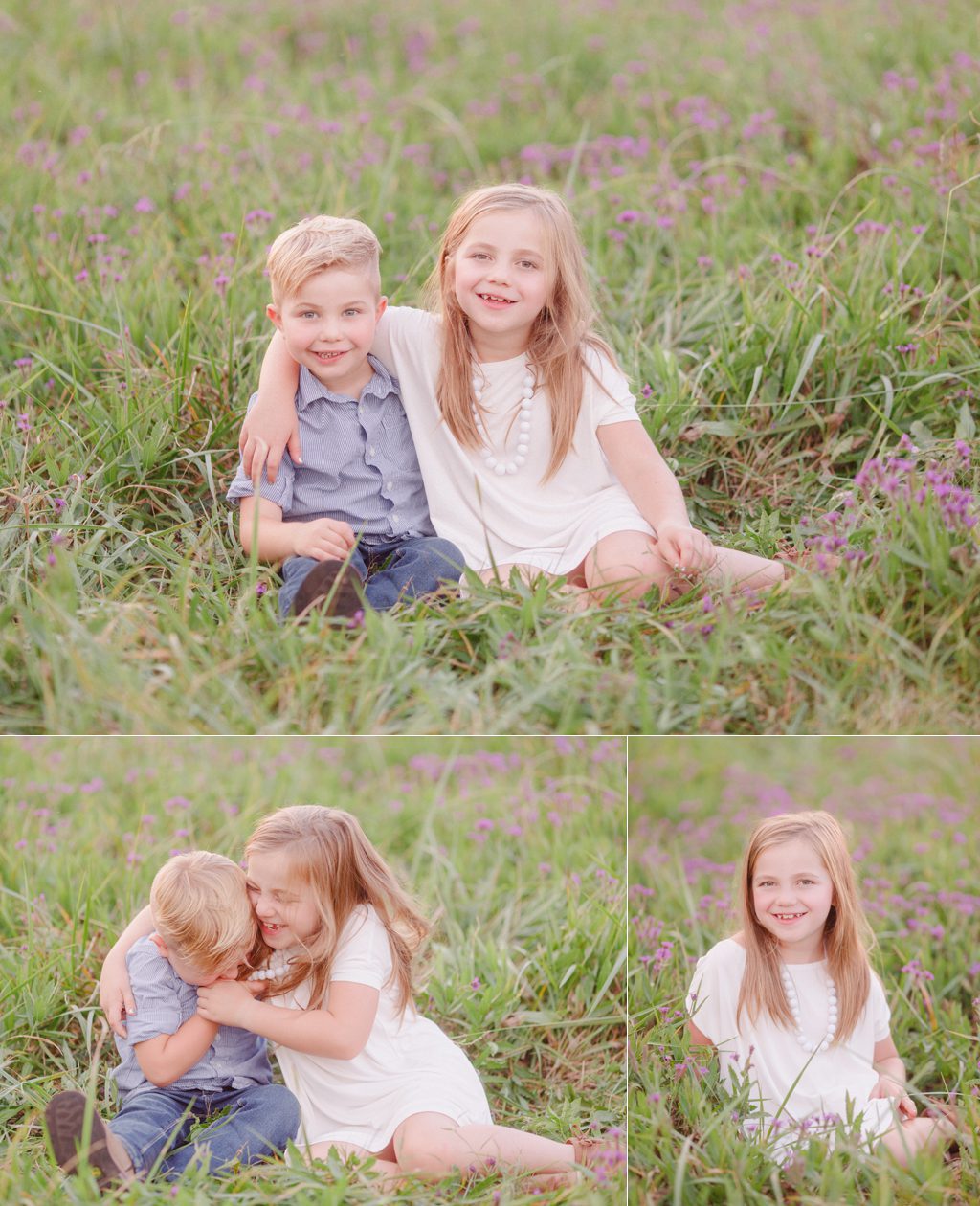 child sibling photos taken in Watkinsville in a purple flower field.