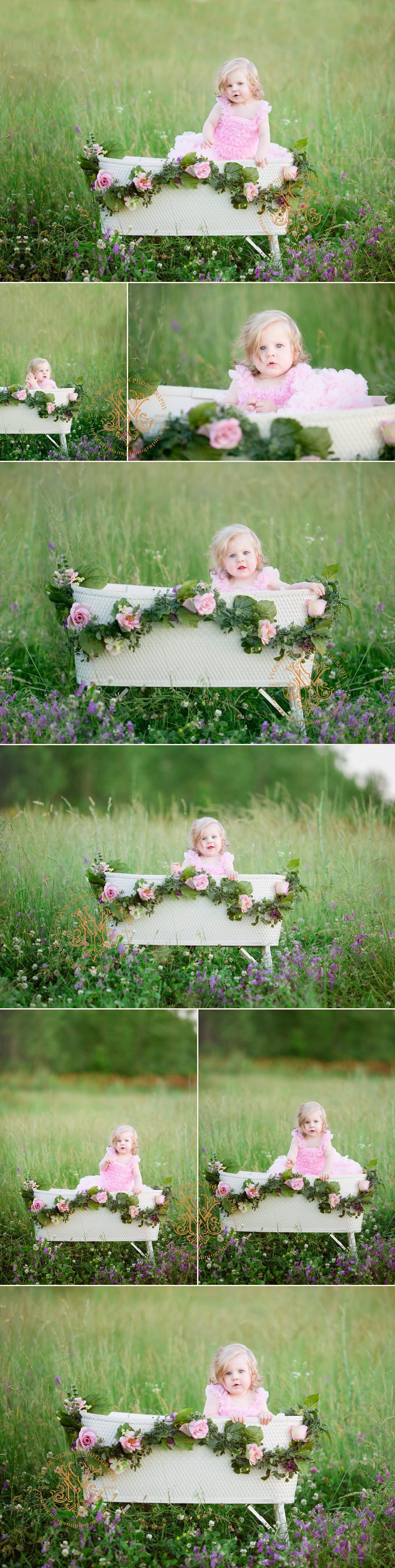 Adorable baby girl in a field of purple flowers in a vintage white bassinet taken by Yvonne Niemann Photography in St. Louis.