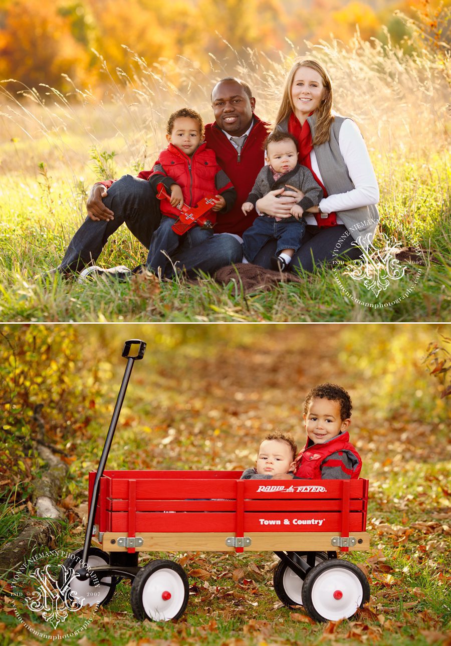Ballwin Family Portraits in the Autumn with two little boys in radio flyer wagon.