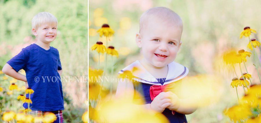 Beautiful Athens, GA children's photos surrounded by yellow flowers taken by Yvonne Niemann Photography.