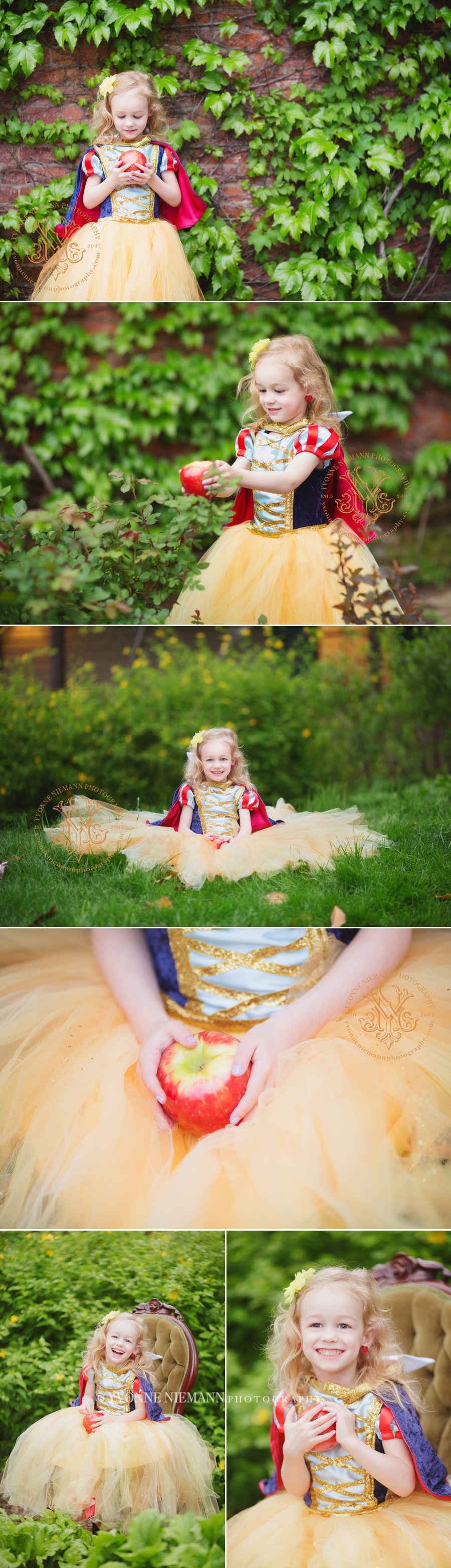 Fun child photography of a little girl dressed up at Snow White taken by Yvonne Niemann Photography in St. Charles, MO.