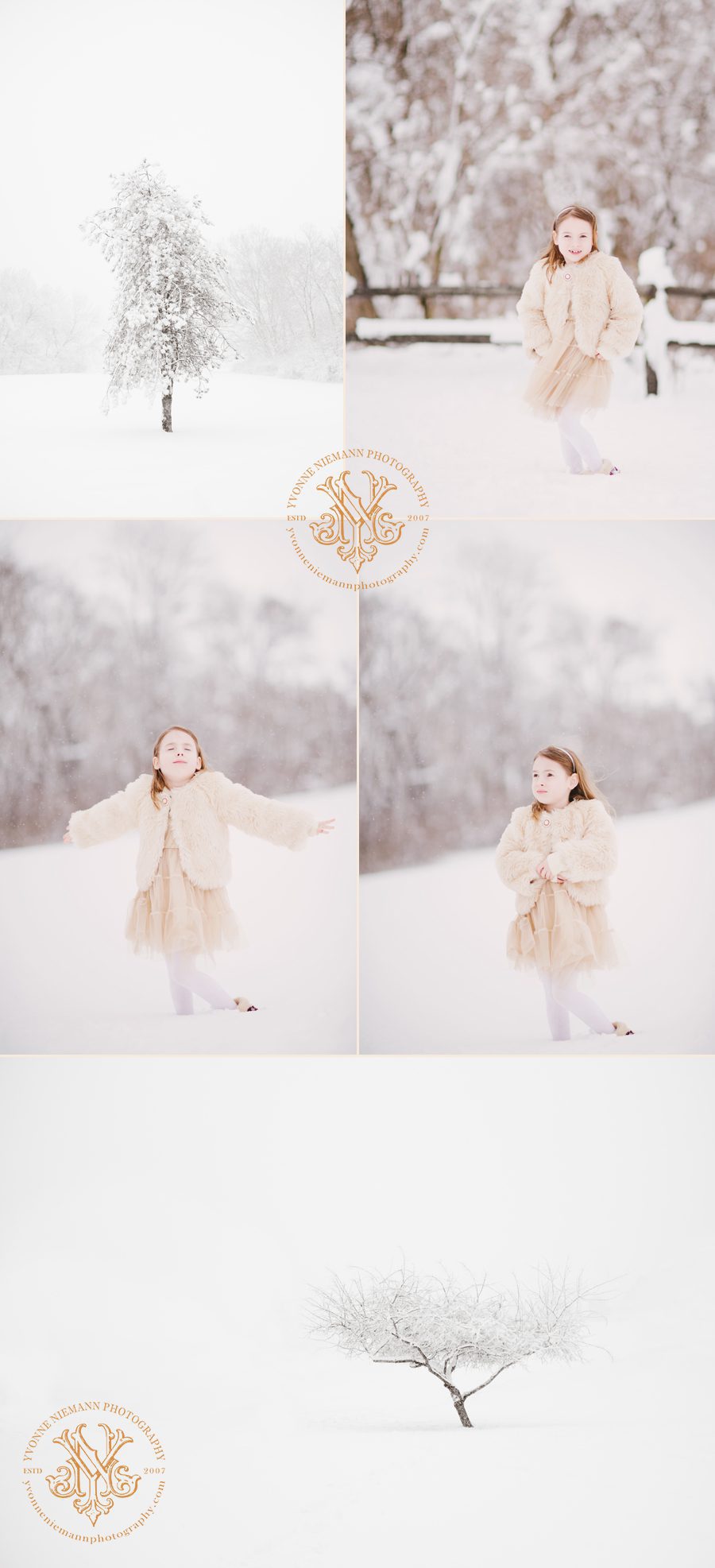Fun child portraits in the snow of a six year old girl in St. Louis taken by Yvonne Niemann Photography.