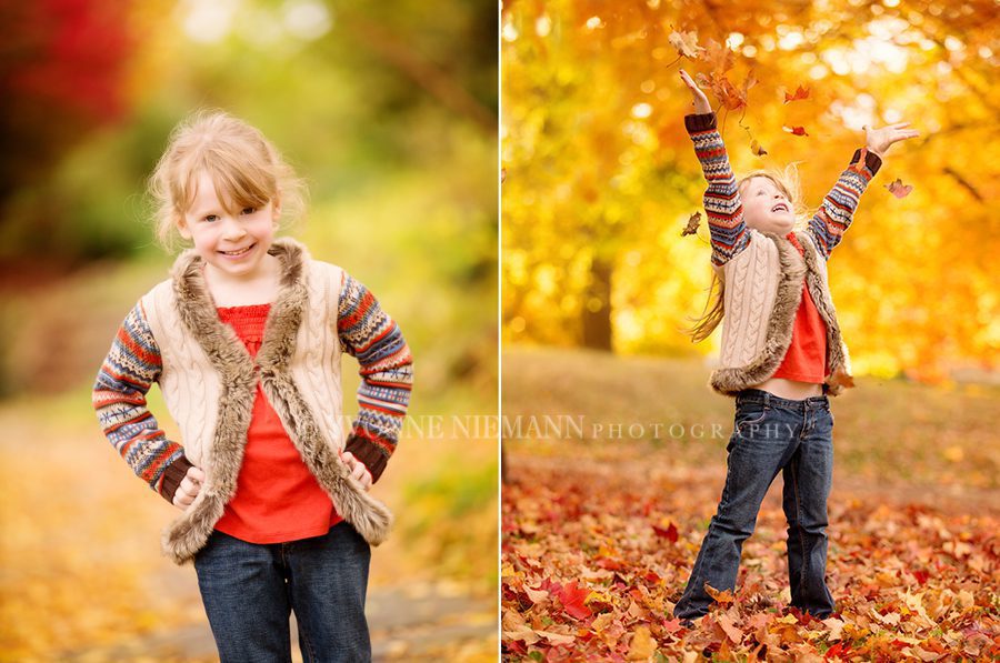 Fun fall photos of a little girl throwing leaves, taken by Oconee County, GA photographer, Yvonne Niemann Photography.