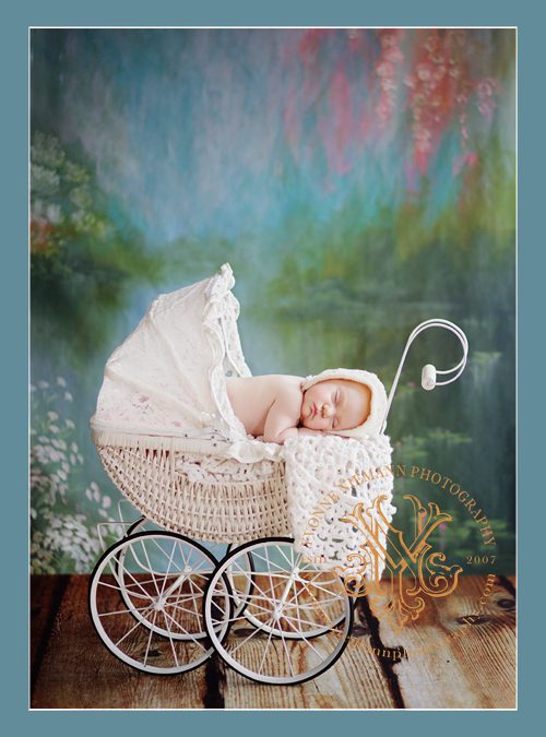 Newborn baby girl in white carriage taken by St. Louis infant photographer, Yvonne Niemann Photography