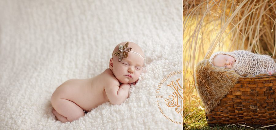 One month old infant girl portraits on location