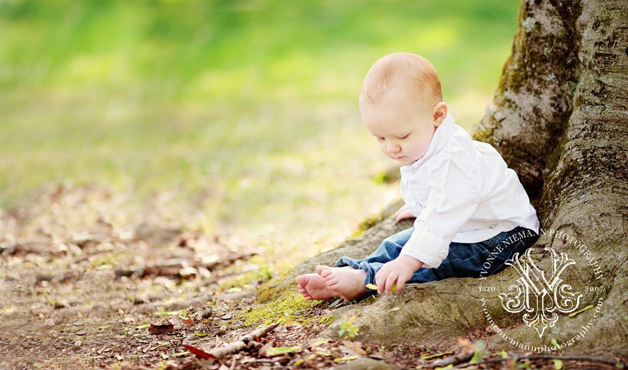 St. Louis Baby Photographer captured a one year old boy in the woods in Clayton, MO.