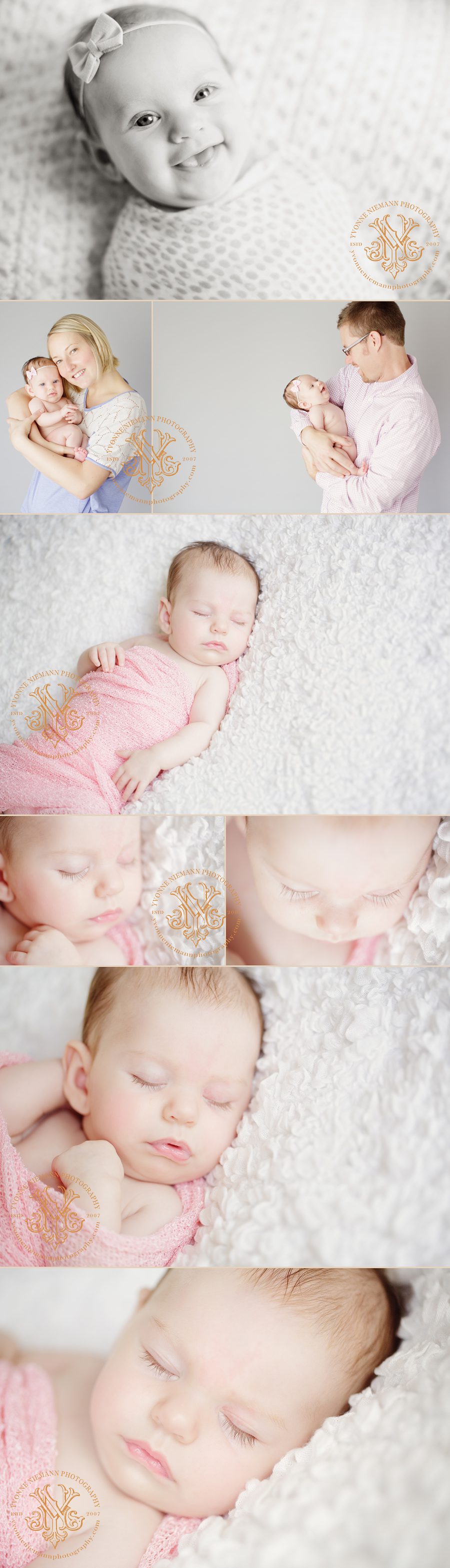 Portraits of a nine week old infant girl taken by Yvonne Niemann Photography in St. Louis.