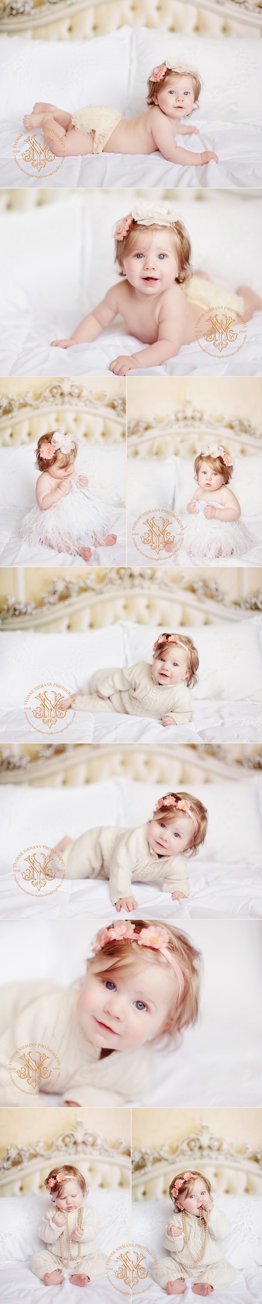 Portraits of a six month old baby girl on a bed of white taken by Yvonne Niemann Photography on location in St. Louis.
