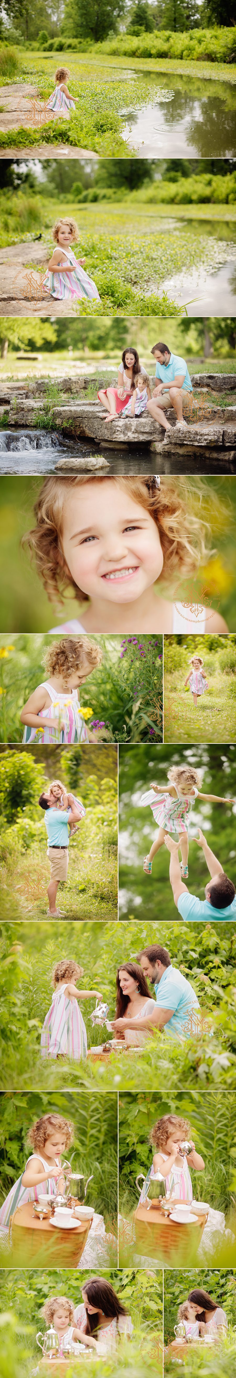 Pretty Family Portraits in St. Louis surrounded by pretty greenery and water taken by Yvonne Niemann Photography.