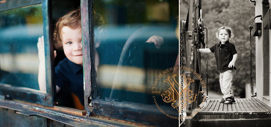 Portraits of a two year old boy on a train.