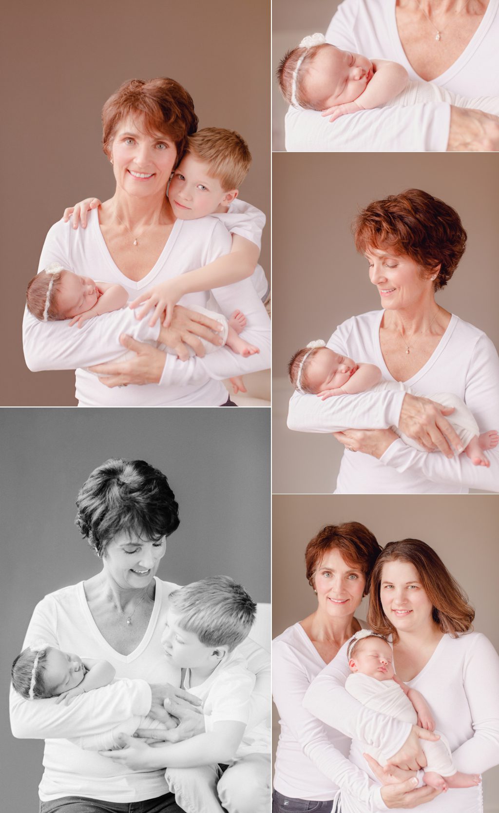 Portraits of grandmother with newborn granddaughter and her three year old grandson.