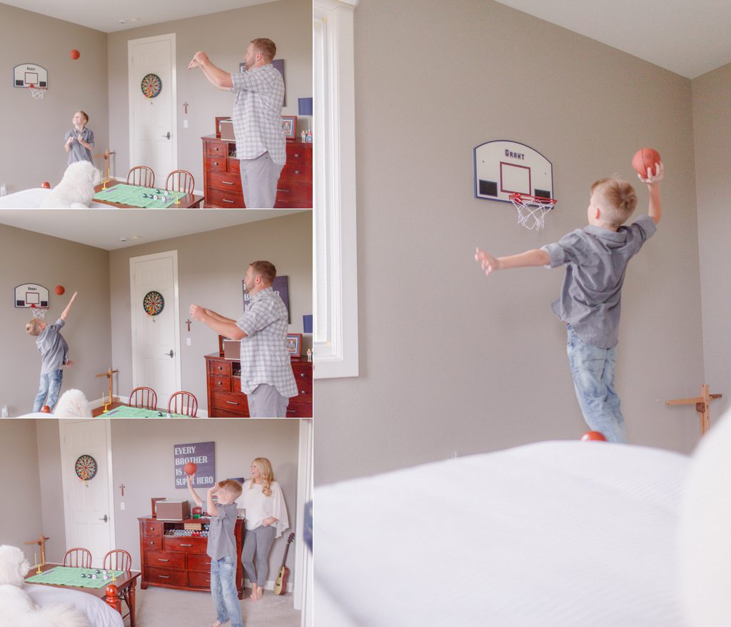 Lifestyle photos of a boy playing ball with his parents in his bedroom in Athens, GA.
