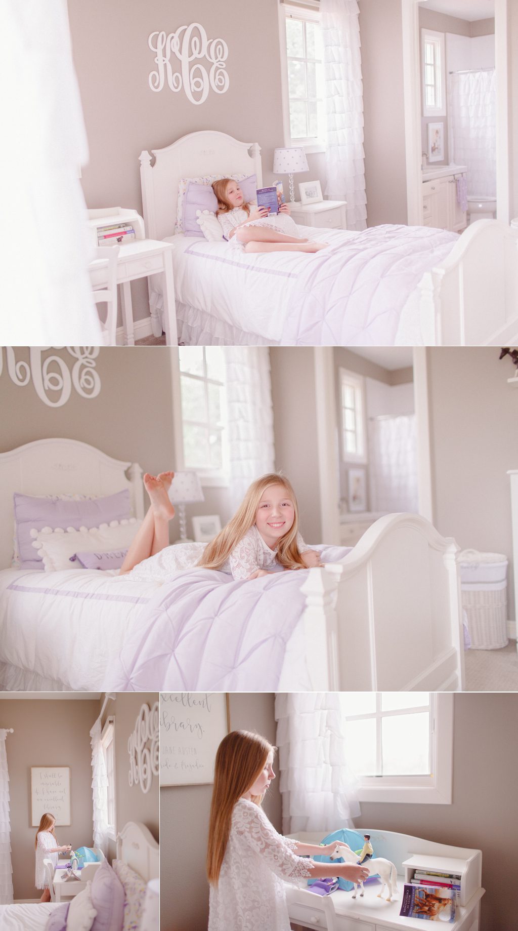 AT home family lifestyle photos of a little girl playing and reading in her bedroom in Oconee County, GA.