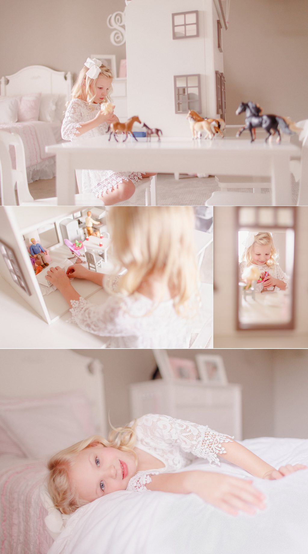 At home lifestyle photos of a little girl playing with her doll house in her room in Five Points Athens, GA.