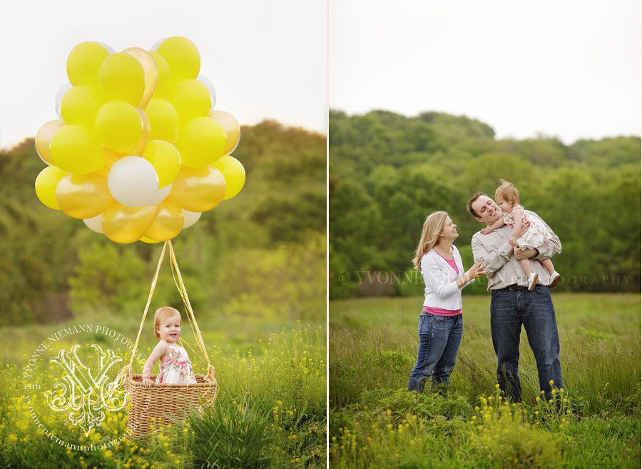 spring family portraits with yellow wild flowers and balloons taken by Yvonne Niemann Photography.