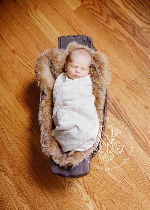 sweet newborn portrait of sleeping infant in a trench bowl at his home in Glendale taken by Yvonne Niemann Photography.