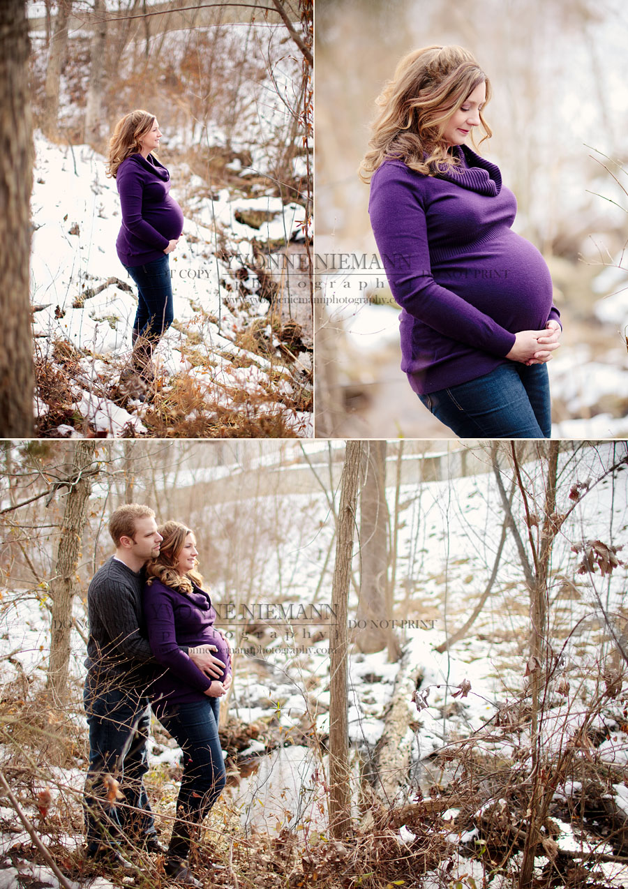 Pregnancy portraits taken outside in Wentzville, MO of husband and wife in the winter.
